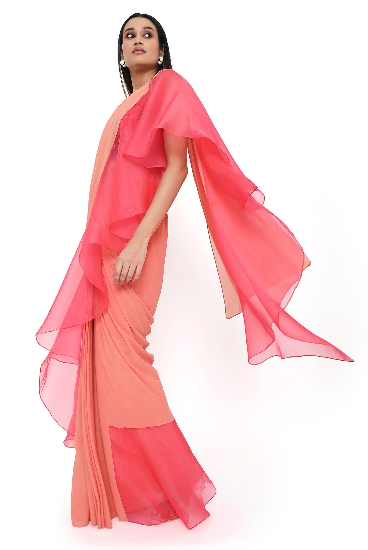 Amore Peach Georgette 3D Floral Embroidered Choli And Saree With Coral Ruffle Pallu