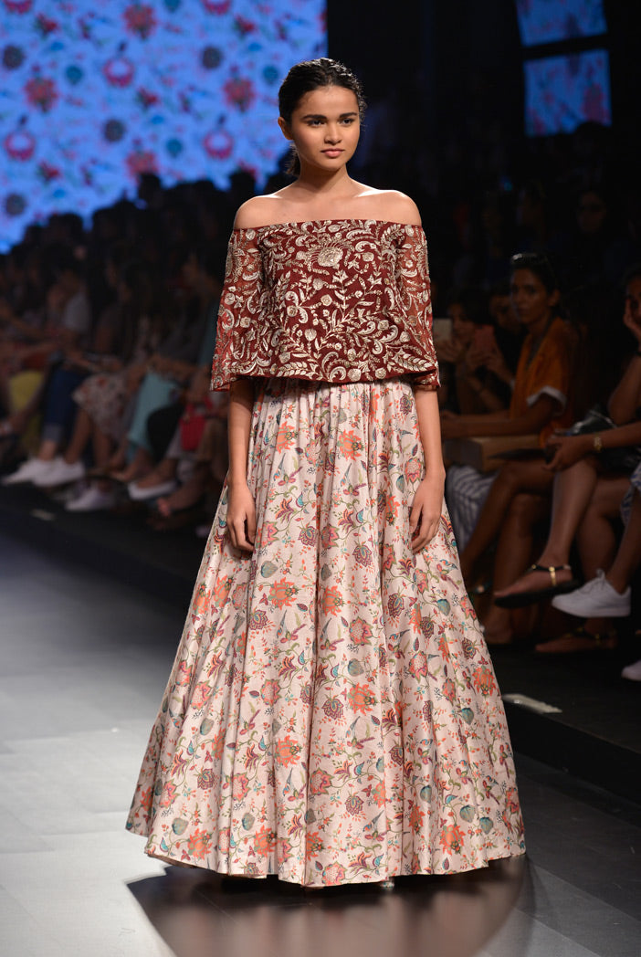 Anaar Pomegranate Organza Bell Sleeve Top with Stone Printed Dupion Silk Skirt