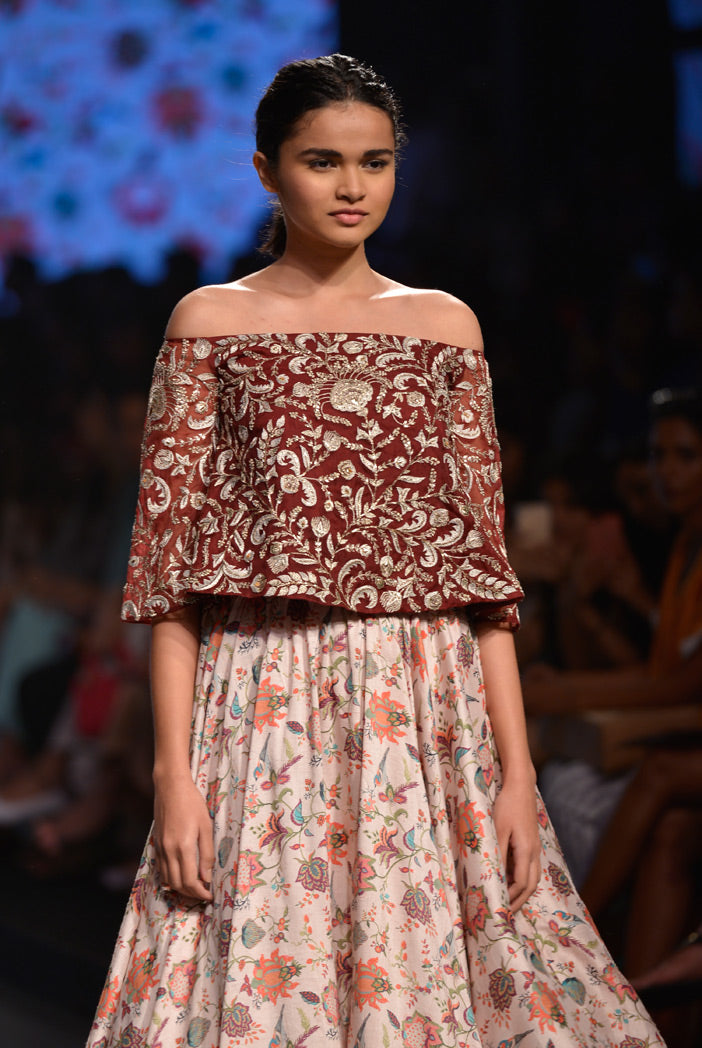 Anaar Pomegranate Organza Bell Sleeve Top with Stone Printed Dupion Silk Skirt