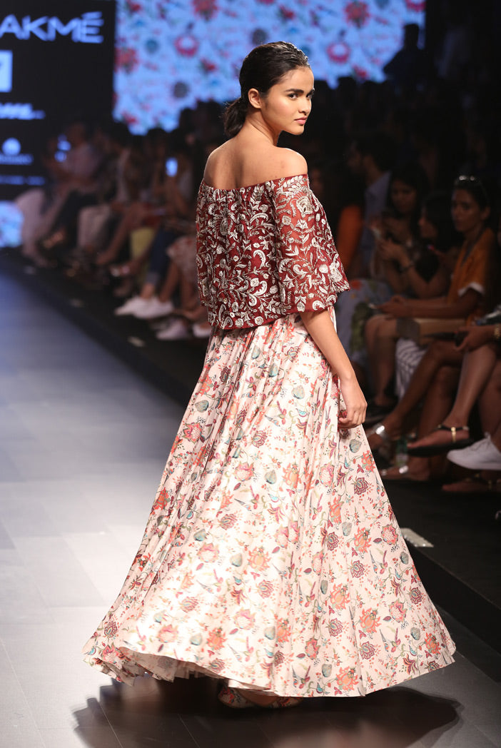 Anaar Pomegranate Organza Bell Sleeve Top with Stone Printed Dupion Silk Skirt