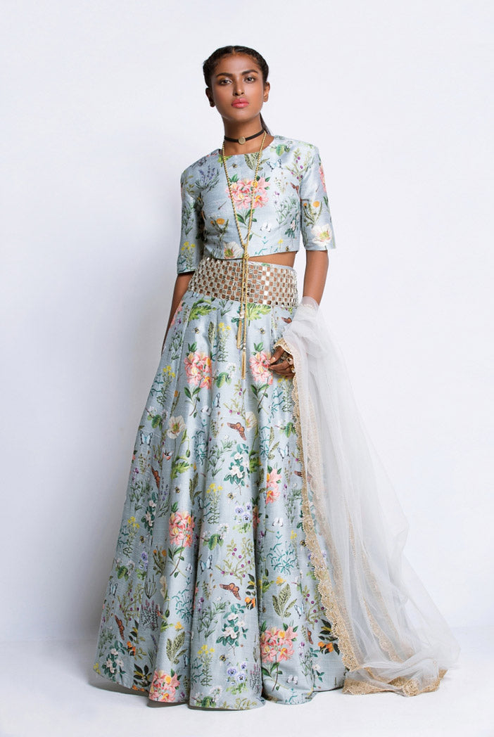 Aqua Printed Dupion Silk Crop Top with Lehenga