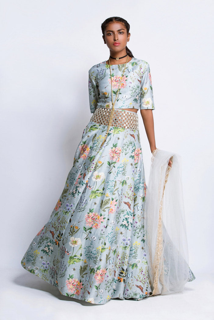 Aqua Printed Dupion Silk Crop Top with Lehenga
