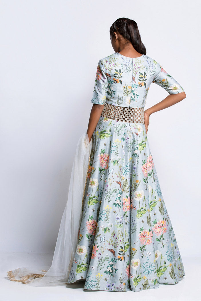 Aqua Printed Dupion Silk Crop Top with Lehenga