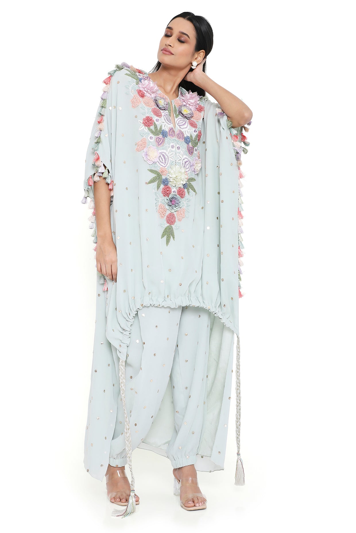 Aria Sea Foam Embroidered High Low Kaftan With Jogger Pant