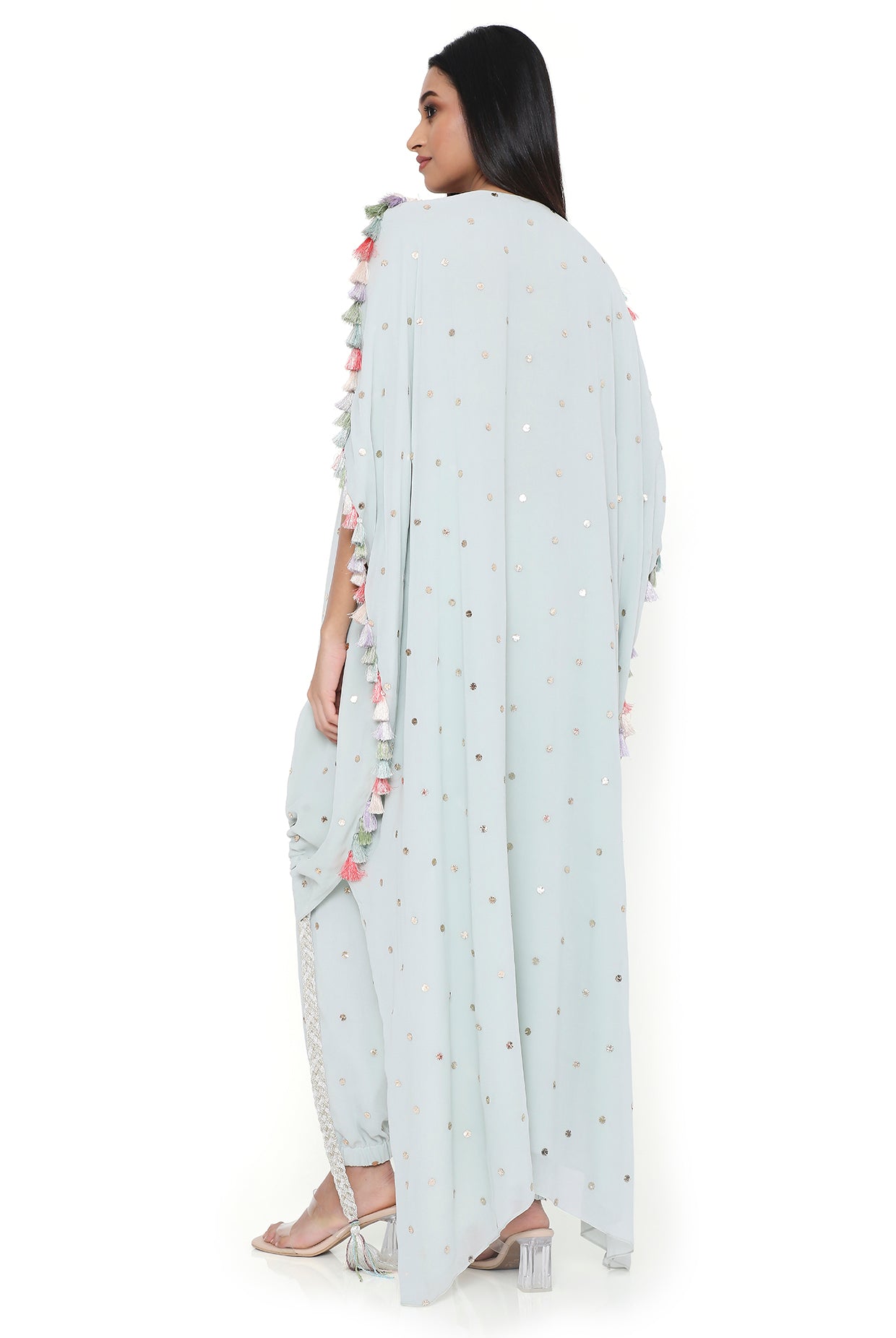 Aria Sea Foam Embroidered High Low Kaftan With Jogger Pant