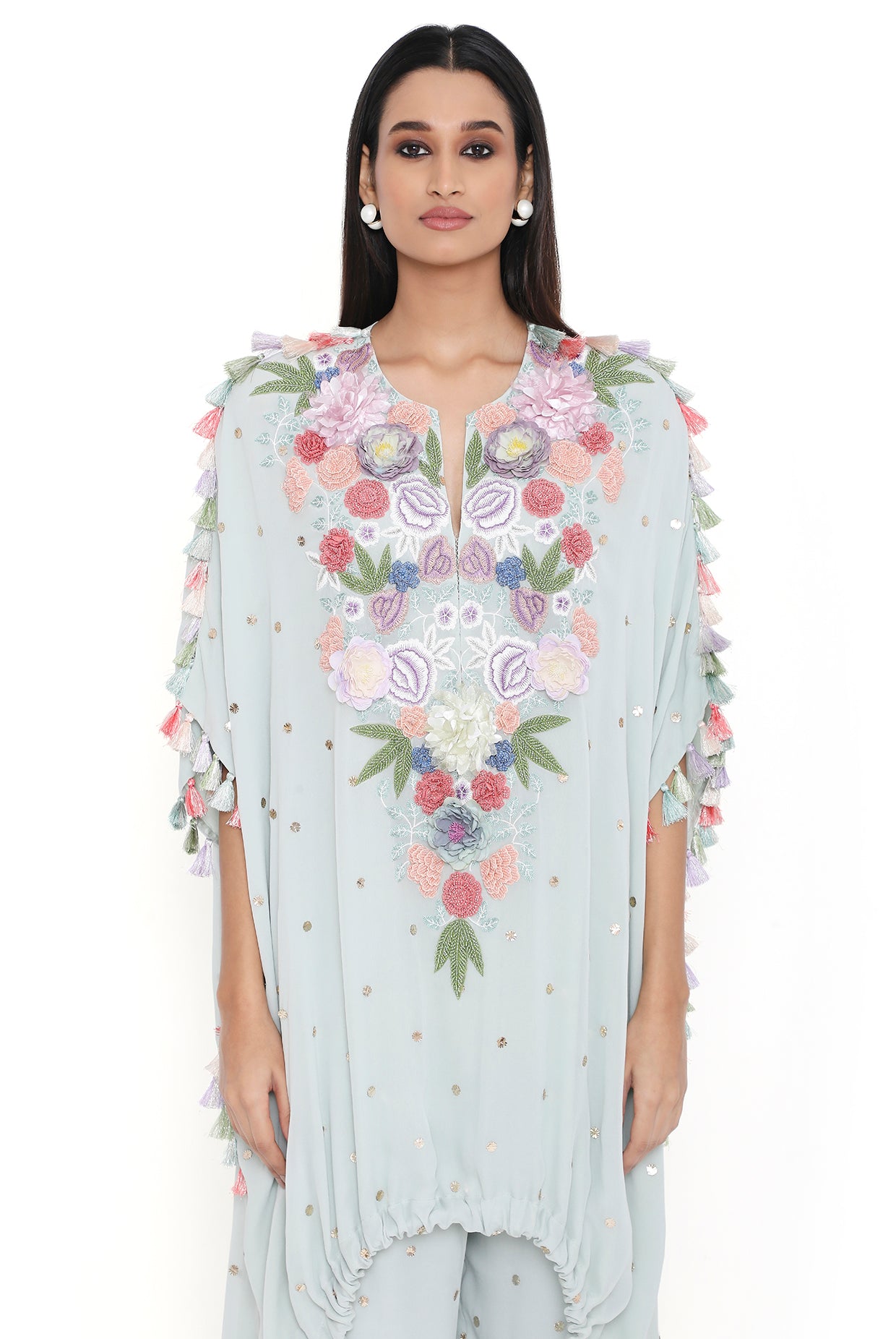 Aria Sea Foam Embroidered High Low Kaftan With Jogger Pant