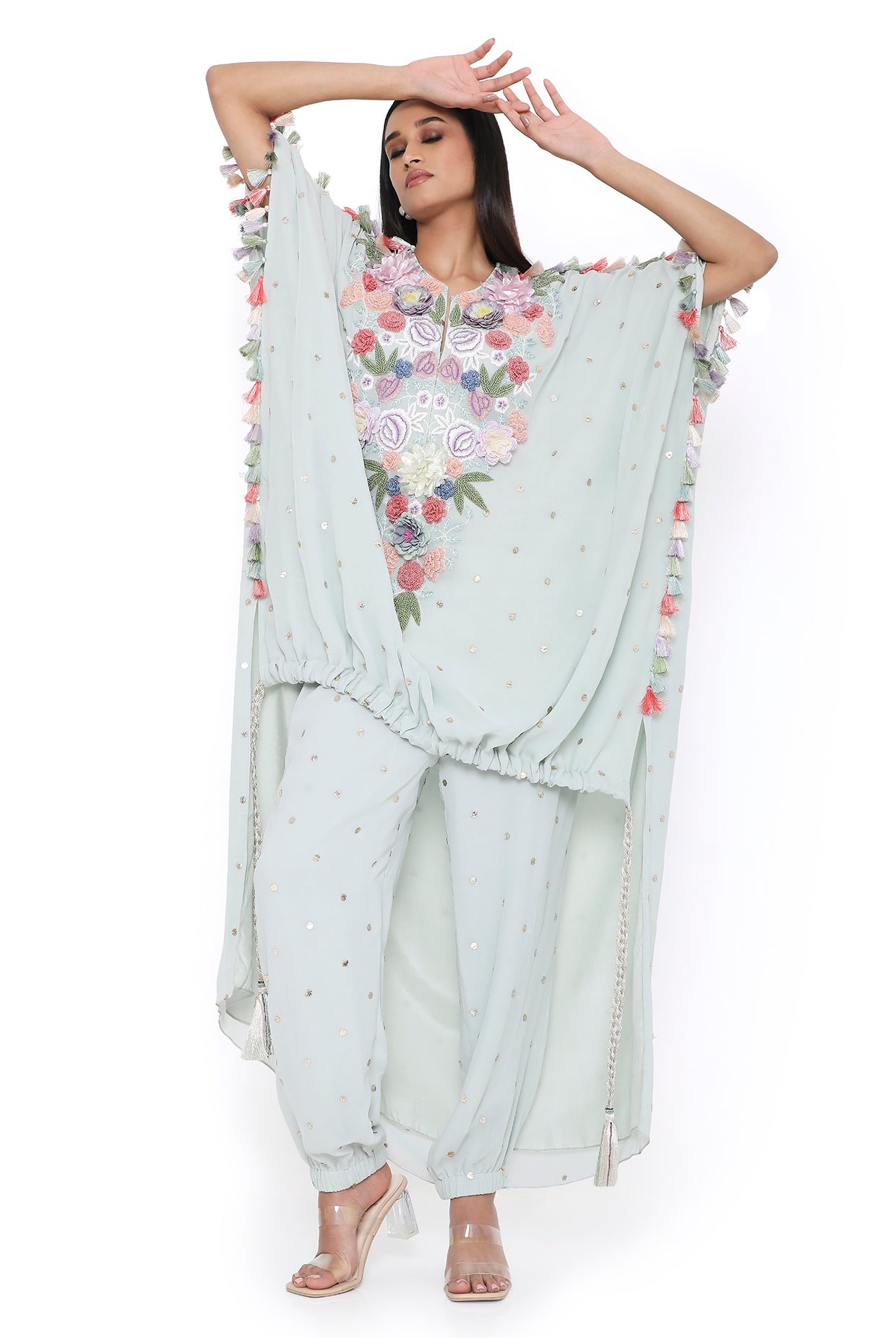 Aria Sea Foam Embroidered High Low Kaftan With Jogger Pant