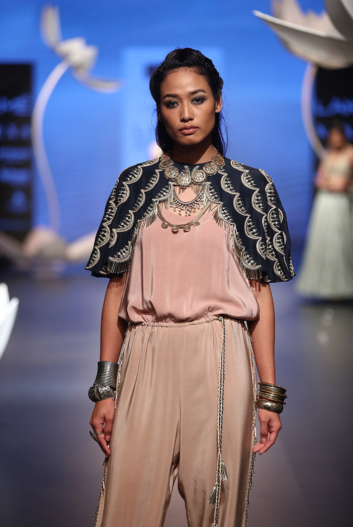 Arka Navy Silk Cape with Rose Pink Crepe Jumpsuit