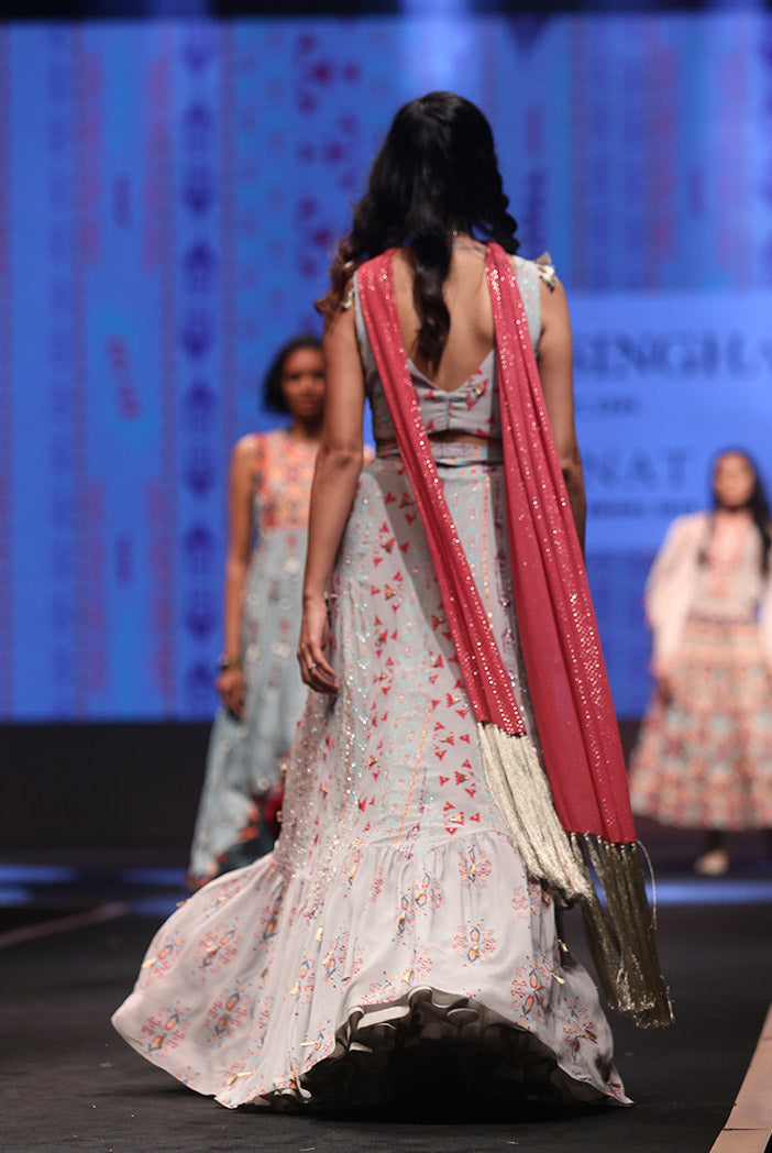 Arsha Grey Printed Crepe Tie-up Choli with Crepe and Georgette Frill Lehenga and Cranberry Mukaish Georgette Dupatta