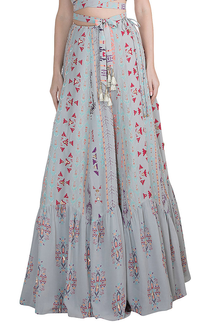 Arsha Grey Printed Crepe Tie-up Choli with Crepe and Georgette Frill Lehenga and Cranberry Mukaish Georgette Dupatta