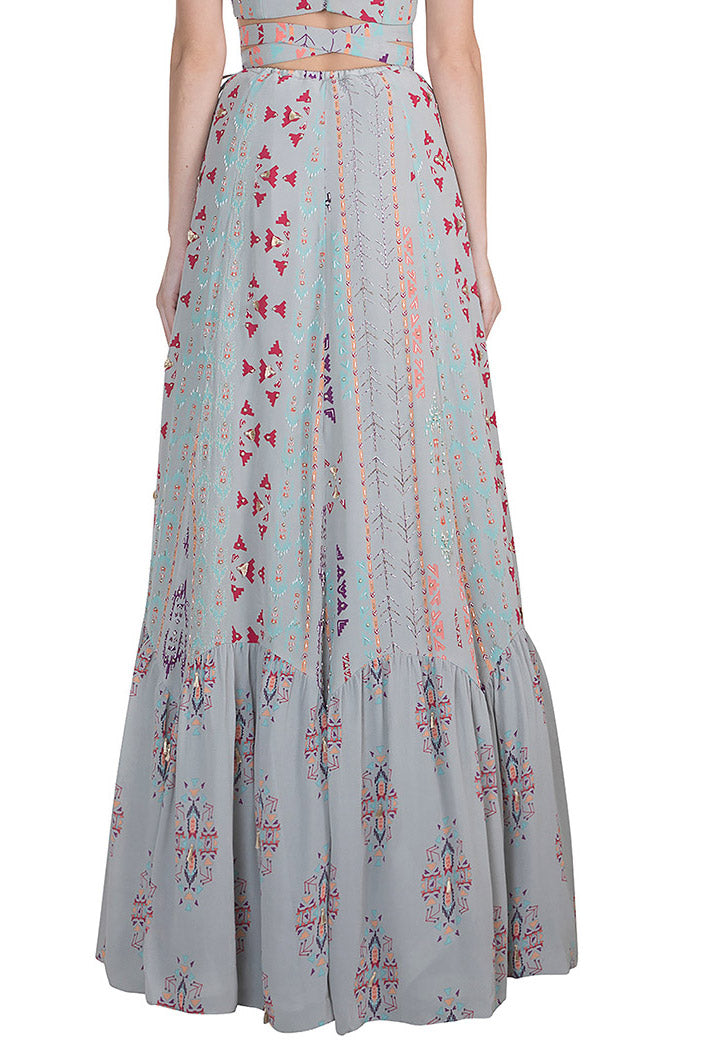 Arsha Grey Printed Crepe Tie-up Choli with Crepe and Georgette Frill Lehenga and Cranberry Mukaish Georgette Dupatta