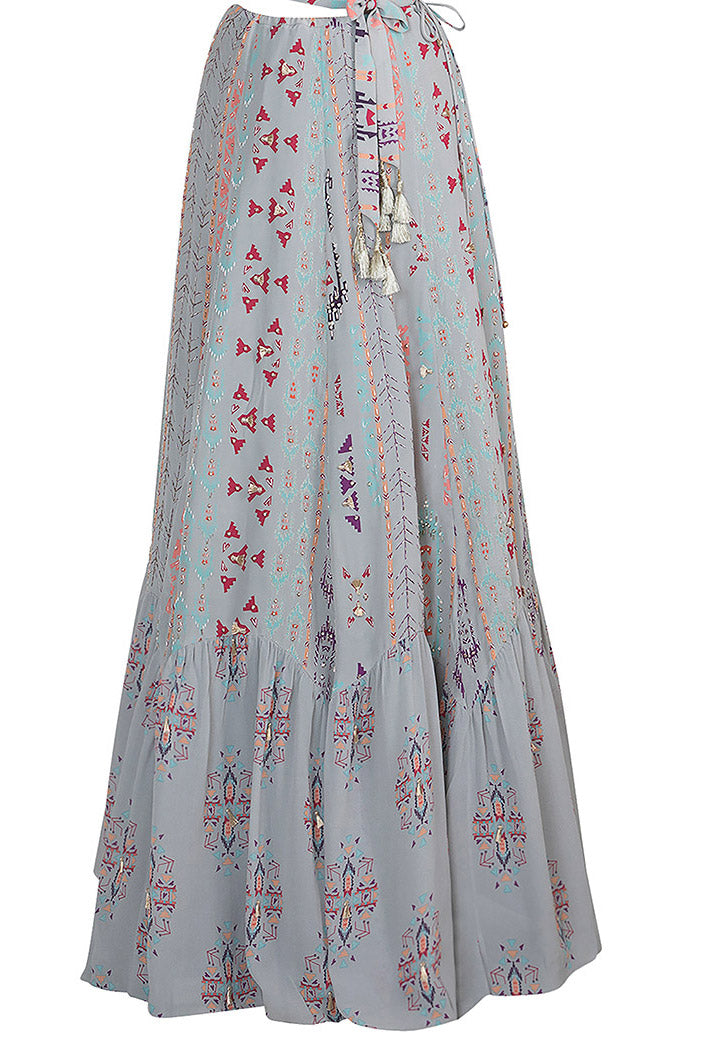 Arsha Grey Printed Crepe Tie-up Choli with Crepe and Georgette Frill Lehenga and Cranberry Mukaish Georgette Dupatta