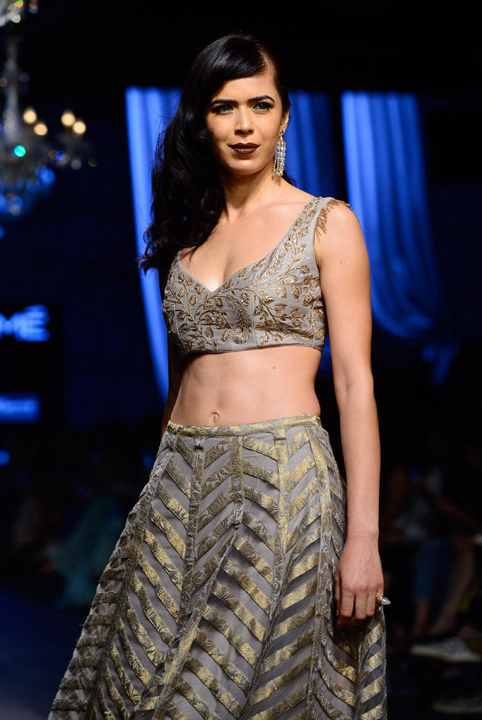 Ava Grey Silk Choli with Net and Brocade Lehenga