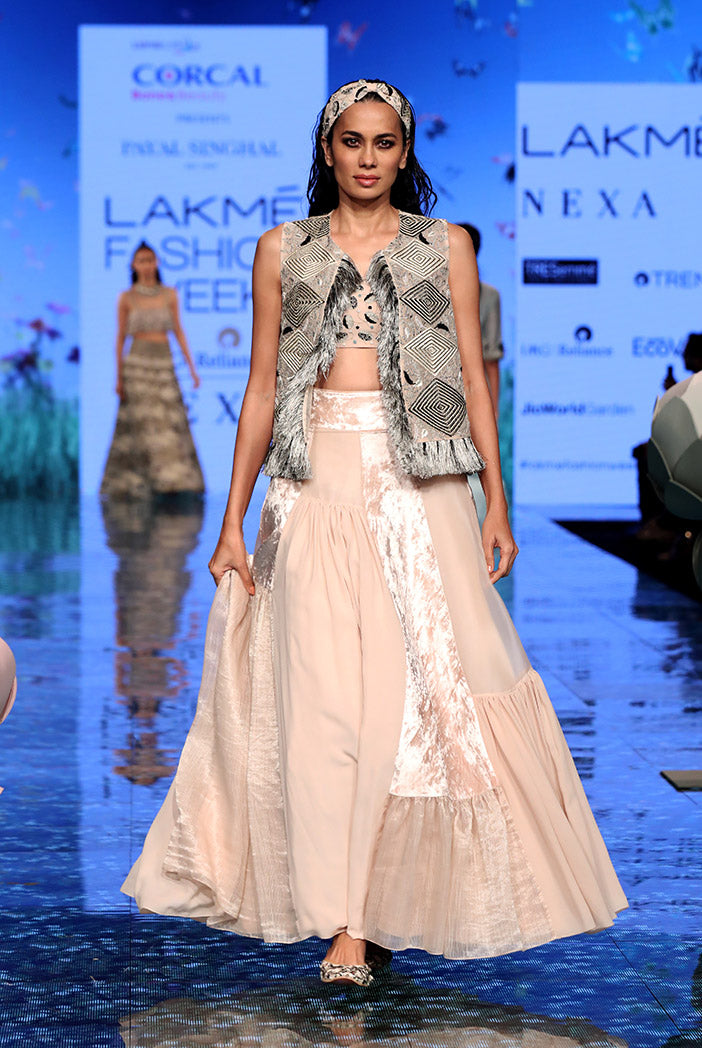 Ayda Stone Organza Embroidered Jacket with Georgette embroidered bustier and Asymmetric lehenga