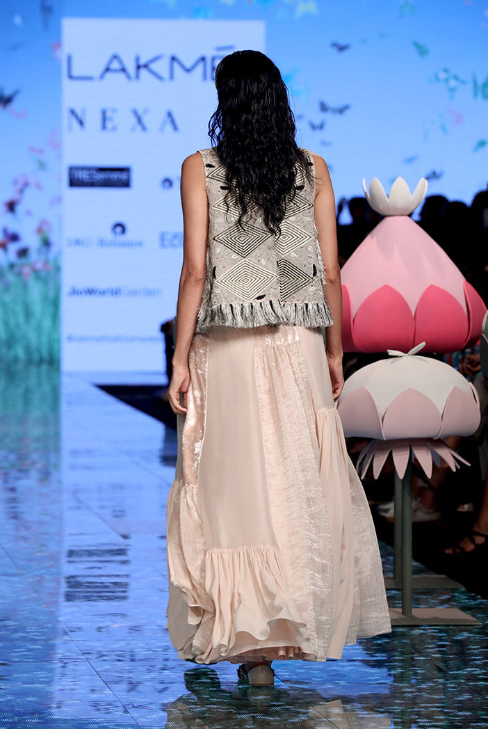 Ayda Stone Organza Embroidered Jacket with Georgette embroidered bustier and Asymmetric lehenga