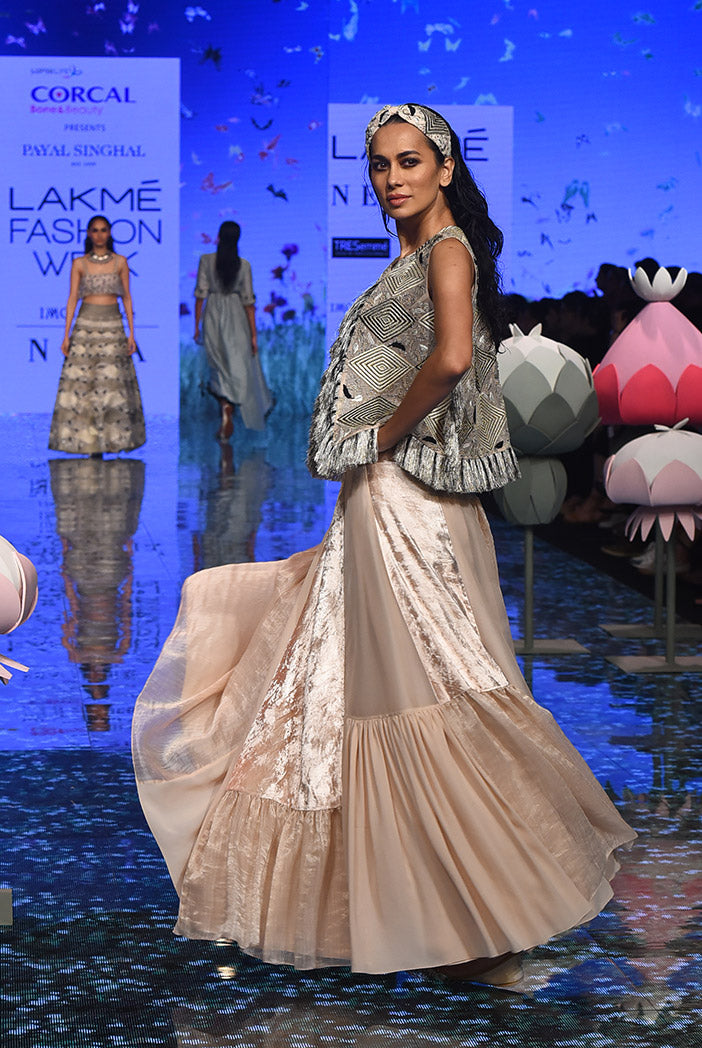 Ayda Stone Organza Embroidered Jacket with Georgette embroidered bustier and Asymmetric lehenga