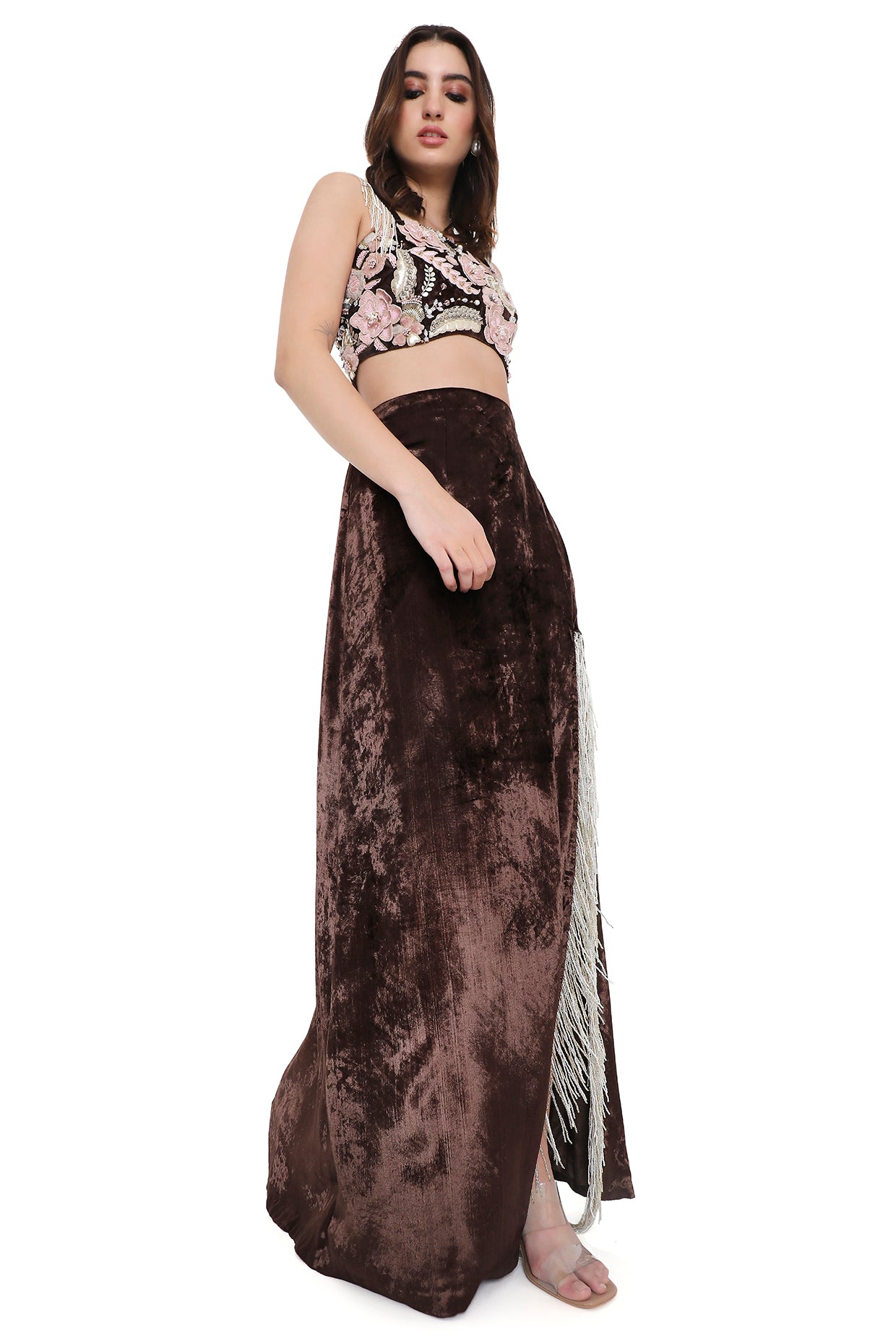 Azura Brown Embroidered Choli And Skirt With Slit