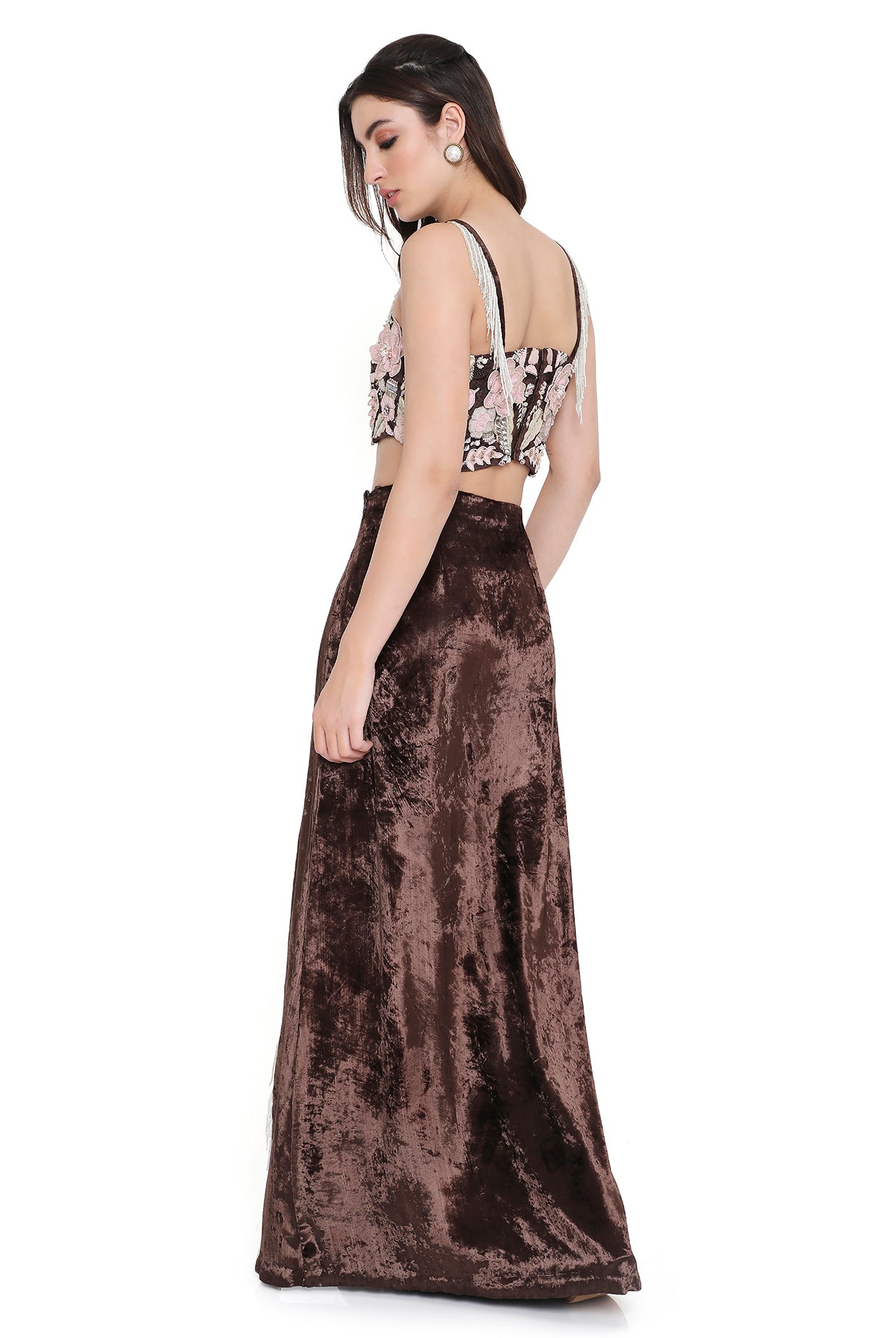 Azura Brown Embroidered Choli And Skirt With Slit