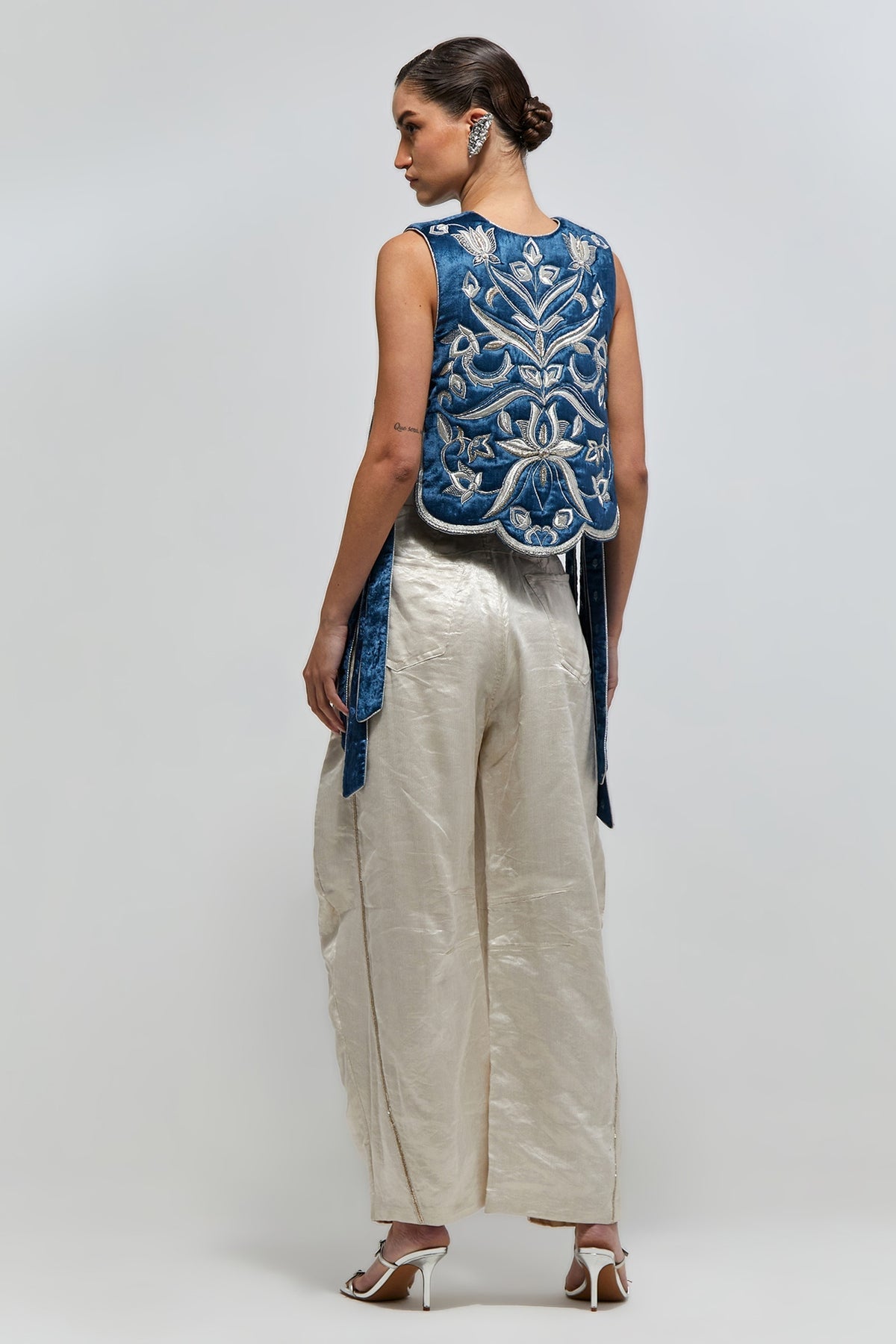 Nazm Navy Blue Velvet Quilted Embroidered Jacket With Organza Bustier And Bomber Pants