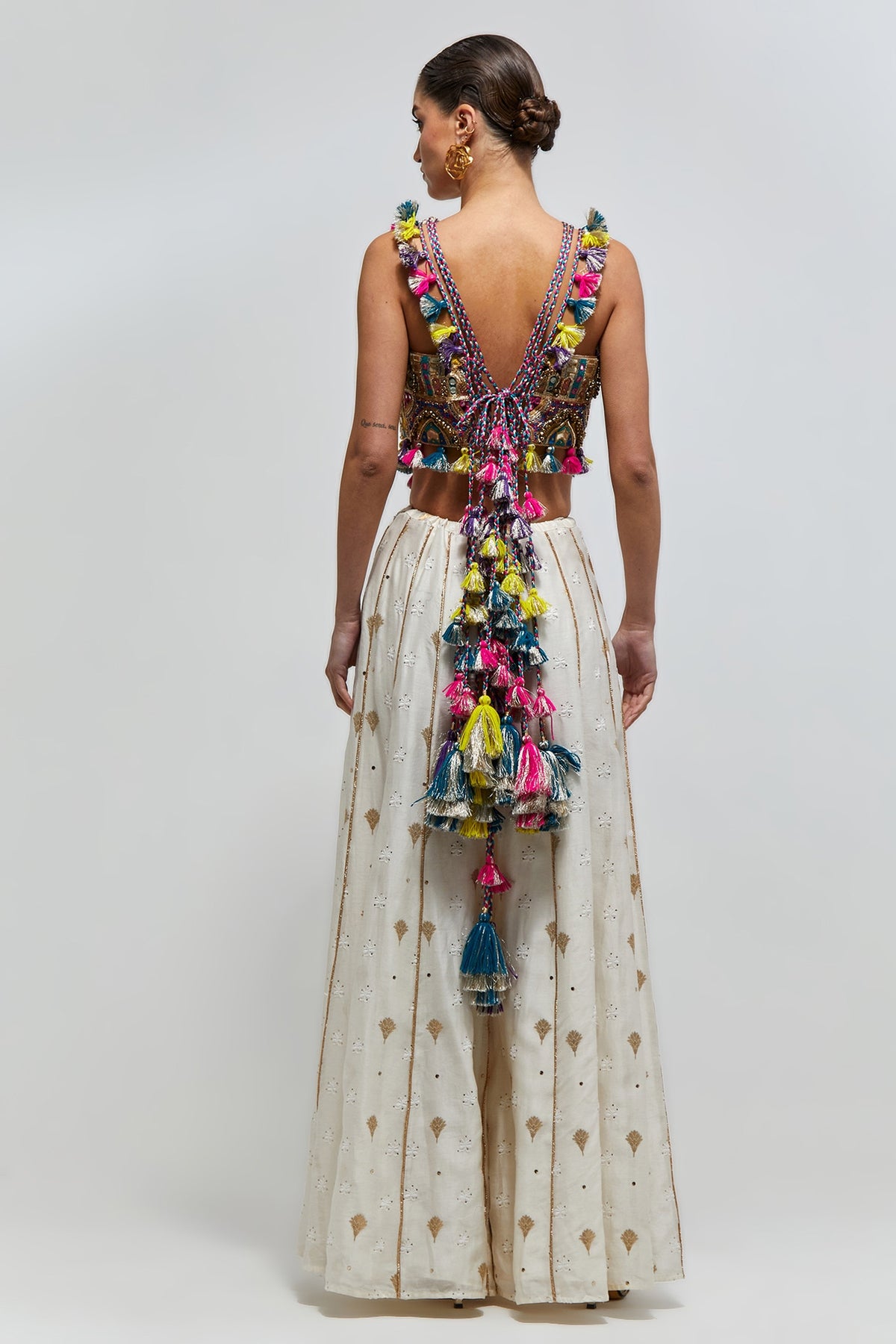 Fez Off-White Georgette Embroidered Choli And Banarasi Silkmul Sharara