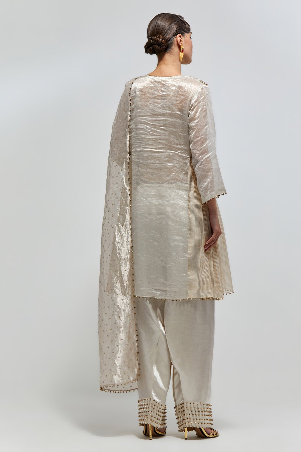 Rangrez Silver Gold Stripe Tissue Embroidered Yoke Kurta With Farshi Salwar And Organza Dupatta