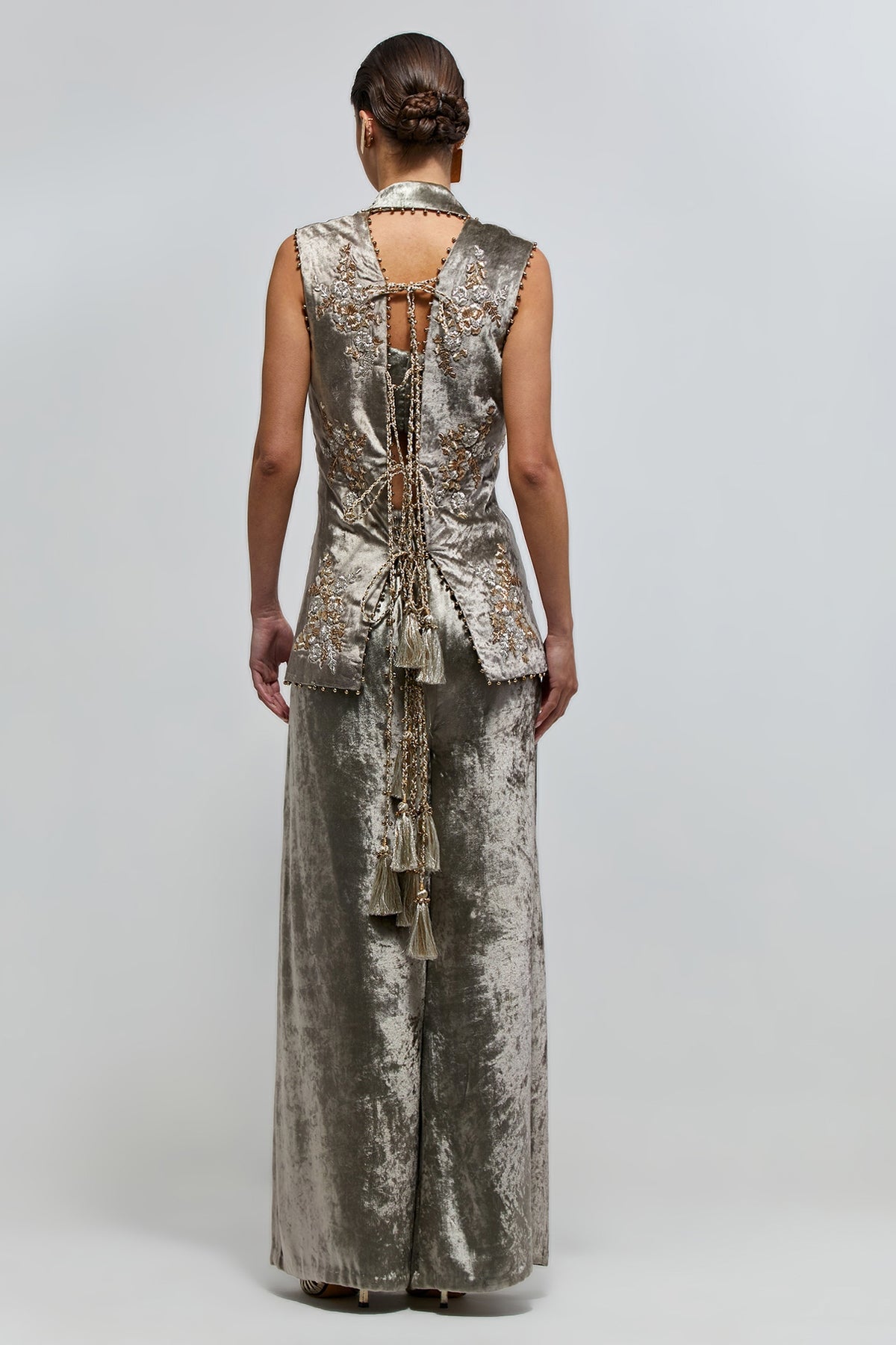 Mehra Grey Velvet Embroidered Backless Jacket With Bustier And Palazzo