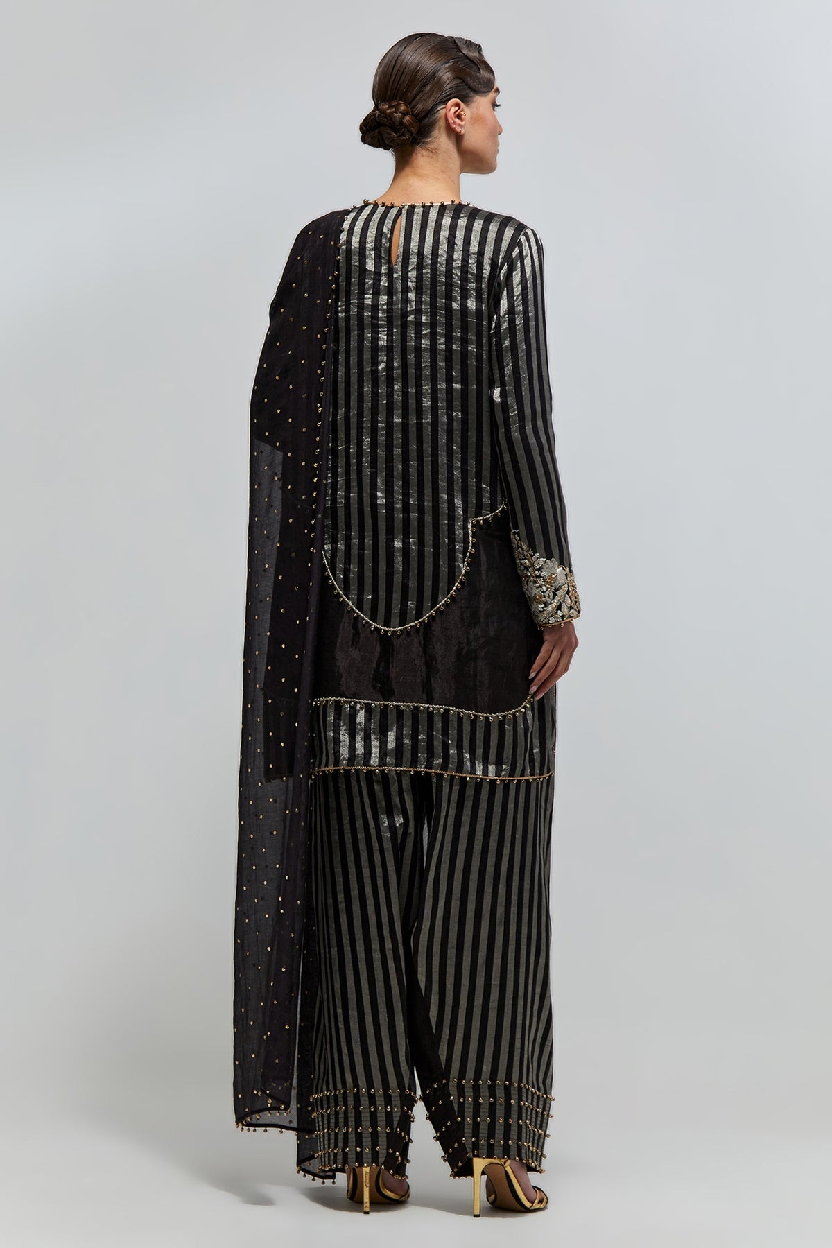 Nysa Black Stripe Tissue Embroidered Kurta With Farshi Salwar And Mukaish Silkmul Dupatta