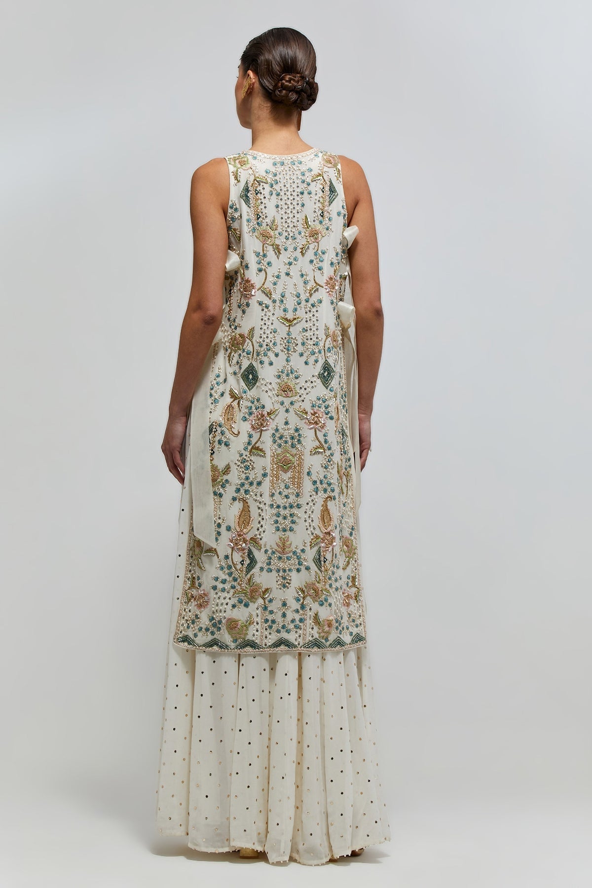 Azra Off-White Georgette Embroidered Side Tie Kurta With Bustier And Sharara