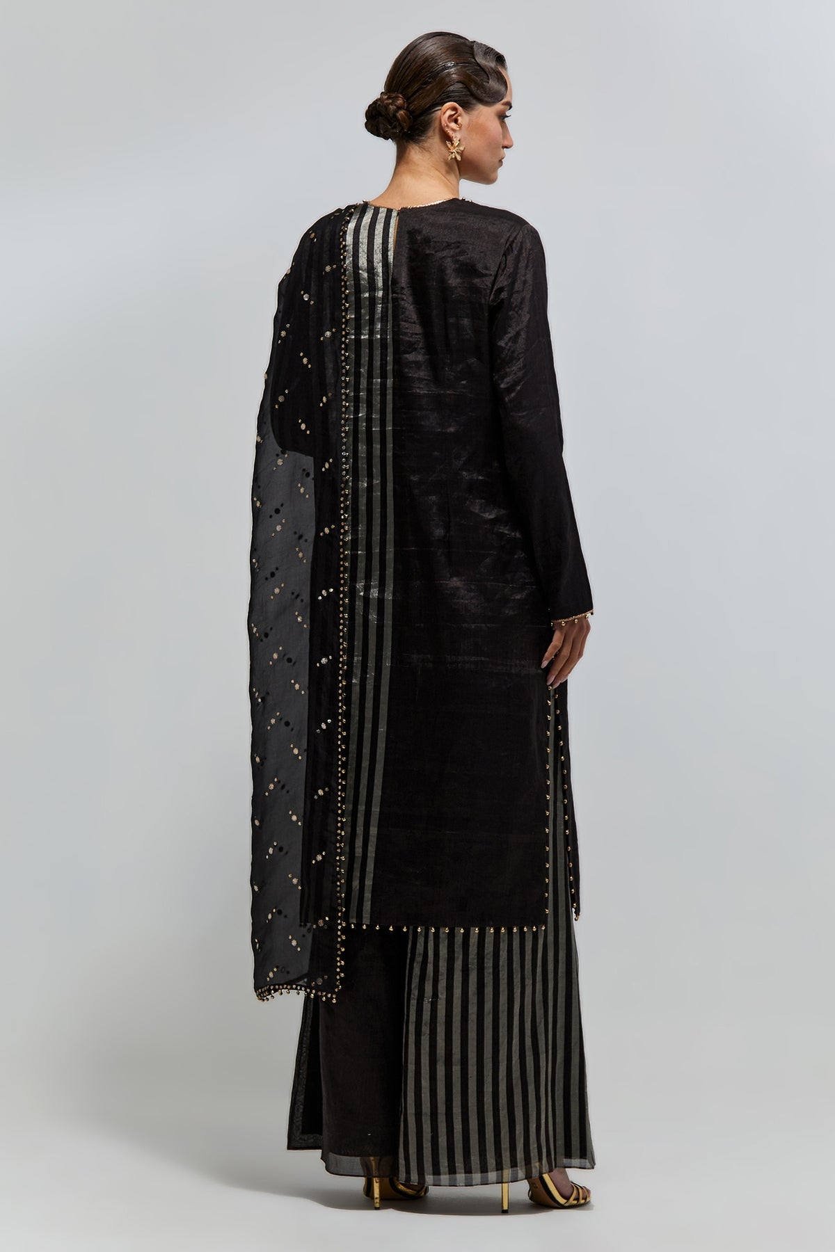 Sabil Black Stripe Tissue Embroidered Kurta With Palazzo And Mukaish Organza Dupatta