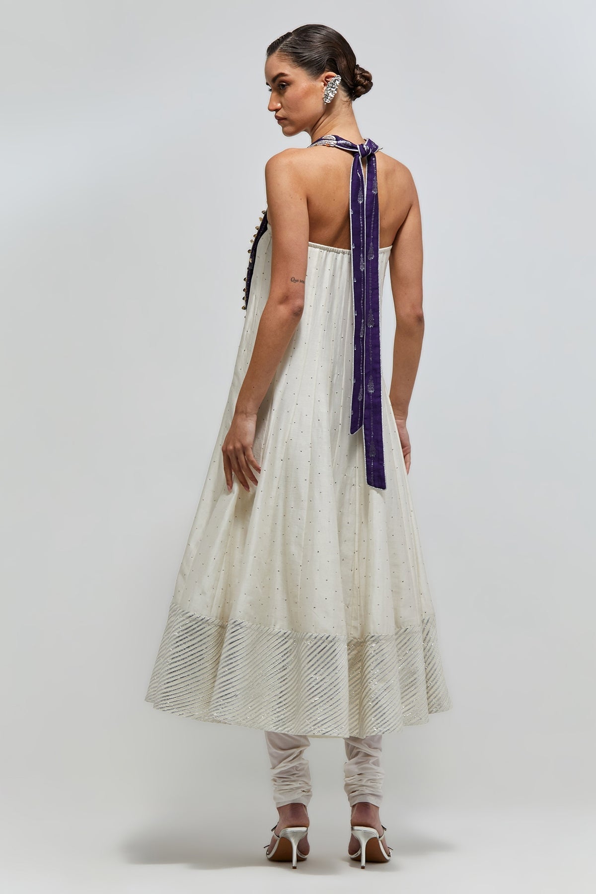 Itra Purple Embroidered Quilted Detachable Necklace With Off-White Anarkali And Soft Net Churidar
