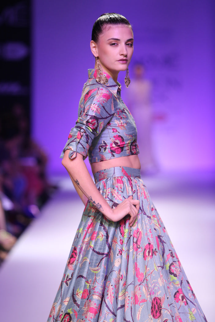 Bahara Blue Printed Dupion Silk Cropped Shirt and Skirt