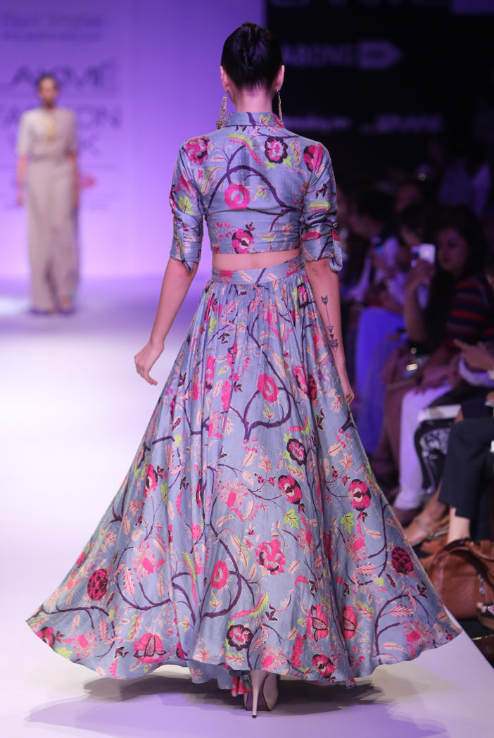 Bahara Blue Printed Dupion Silk Cropped Shirt and Skirt