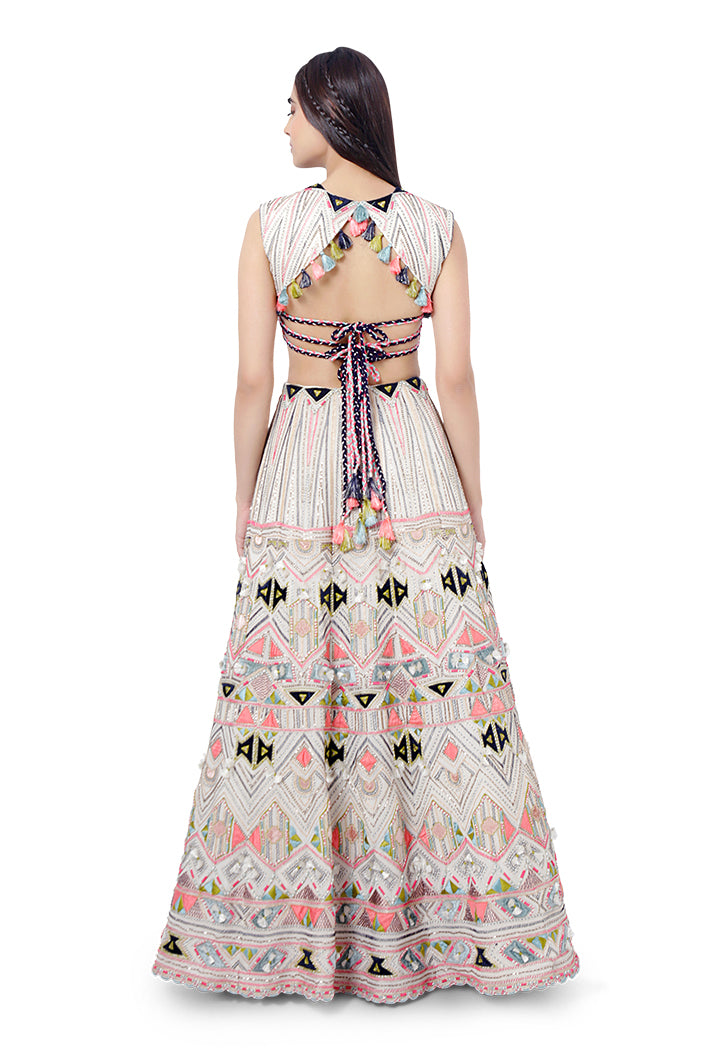 Basira Chalk White Colour Georgette Embroidered Choli with Lehenga and Net Mukaish Dupatta