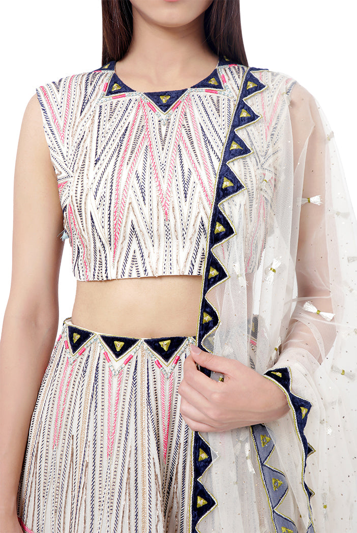 Basira Chalk White Colour Georgette Embroidered Choli with Lehenga and Net Mukaish Dupatta