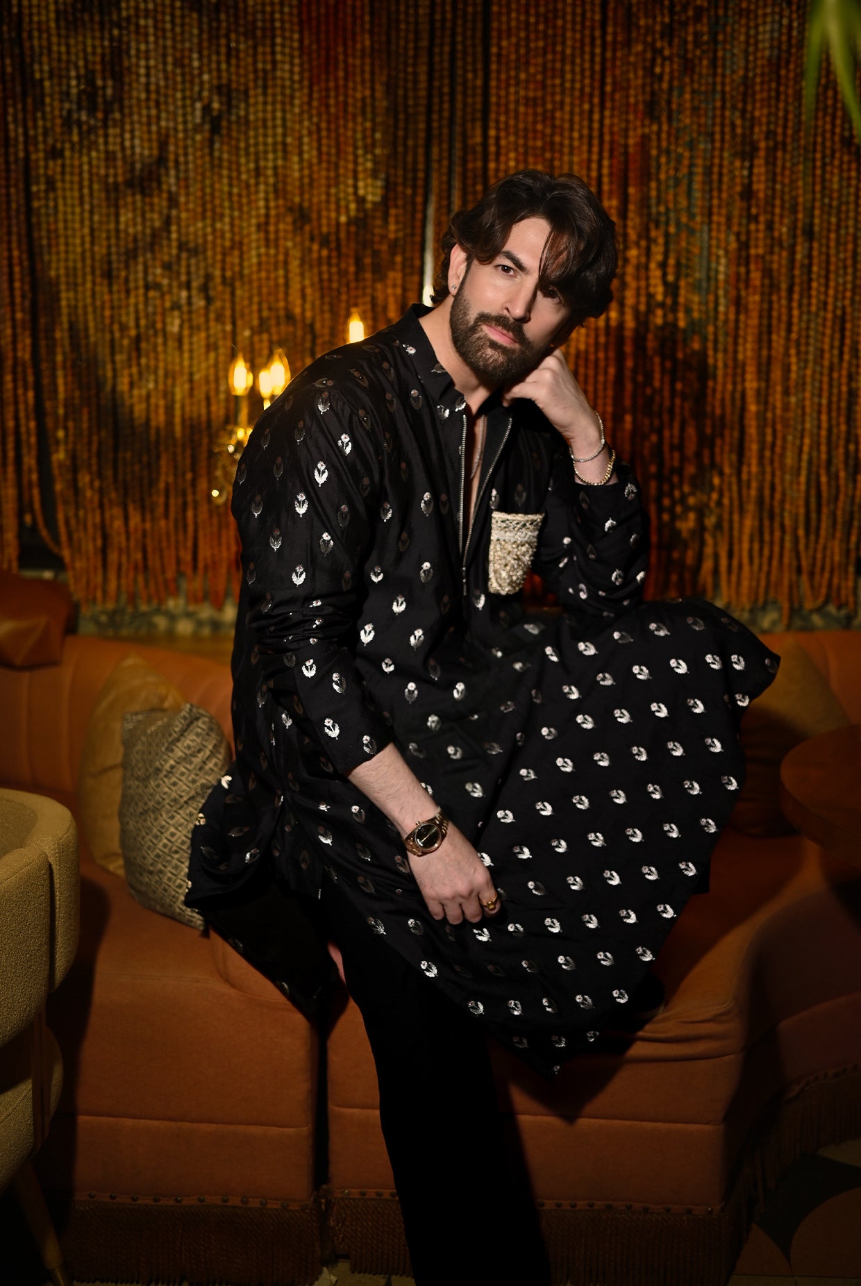 BLACK BROCADE KURTA WITH CHURIDAR