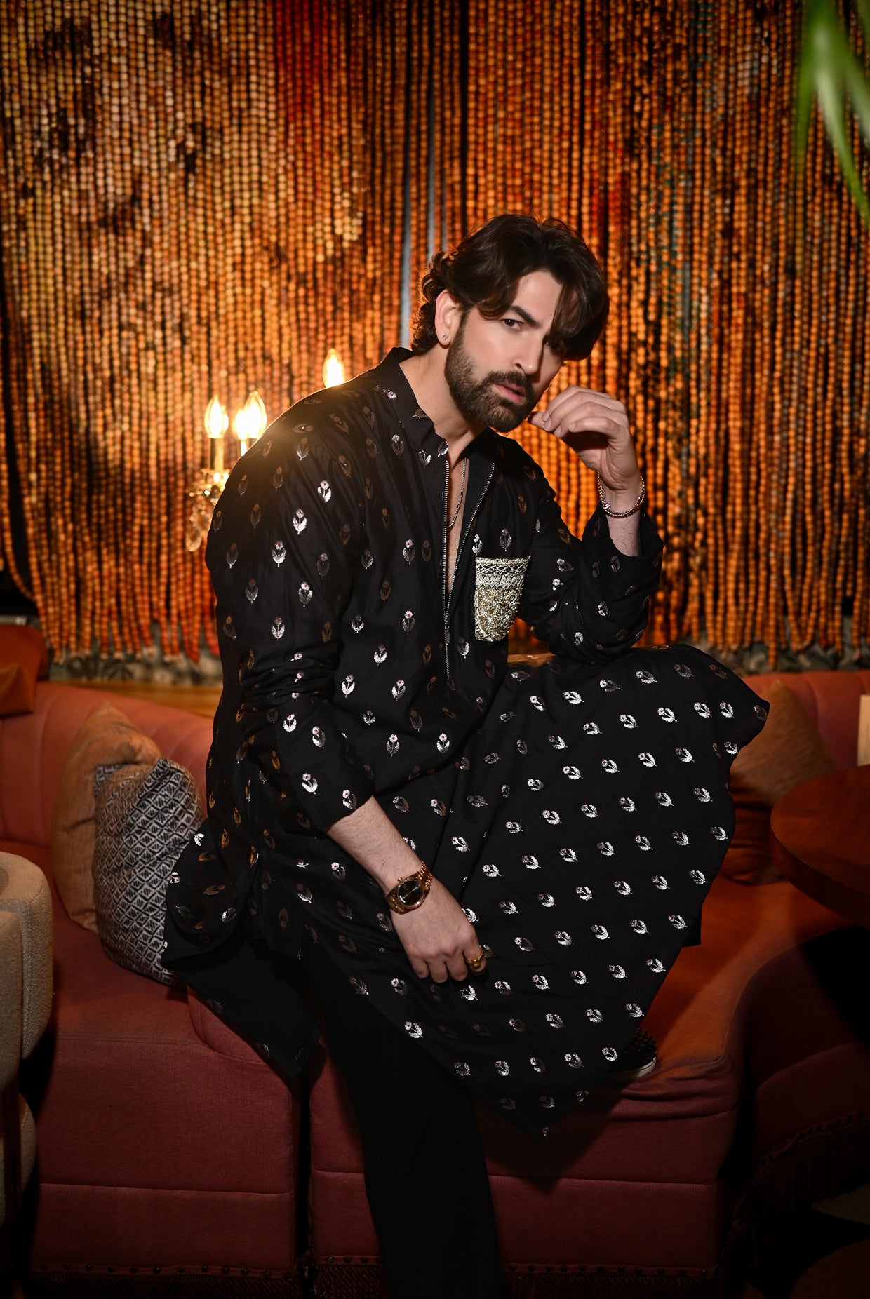 BLACK BROCADE KURTA WITH CHURIDAR