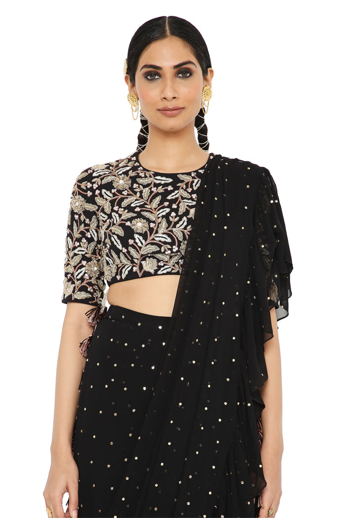 Almas Black Colour Embroidered Choli With Frill Saree