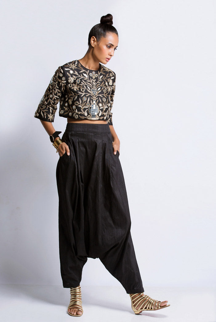 Black Dupion Silk Crop Top with Low Crotch Pant