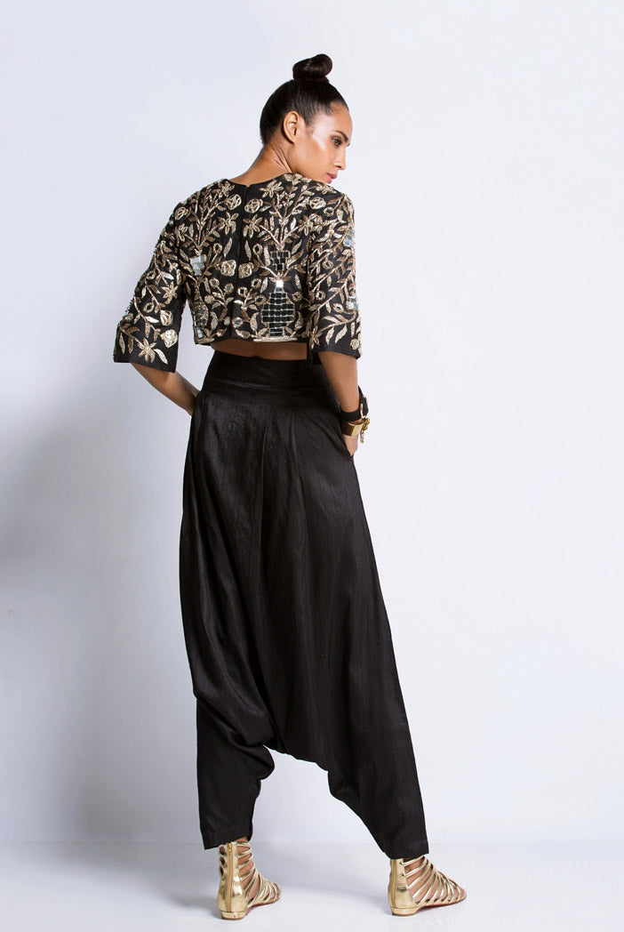 Black Dupion Silk Crop Top with Low Crotch Pant
