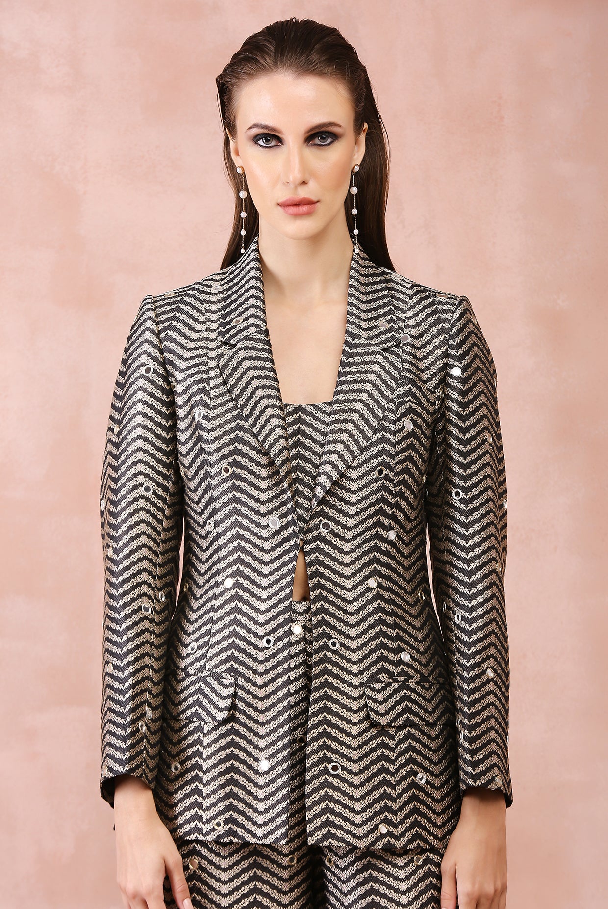Black Embroidered Blazer With Bustier And Pant