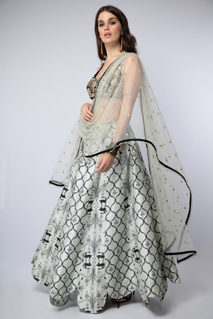 Black Silk Choli with Mint Dupion Silk Printed Hi-Low Lehenga and Net Dupatta