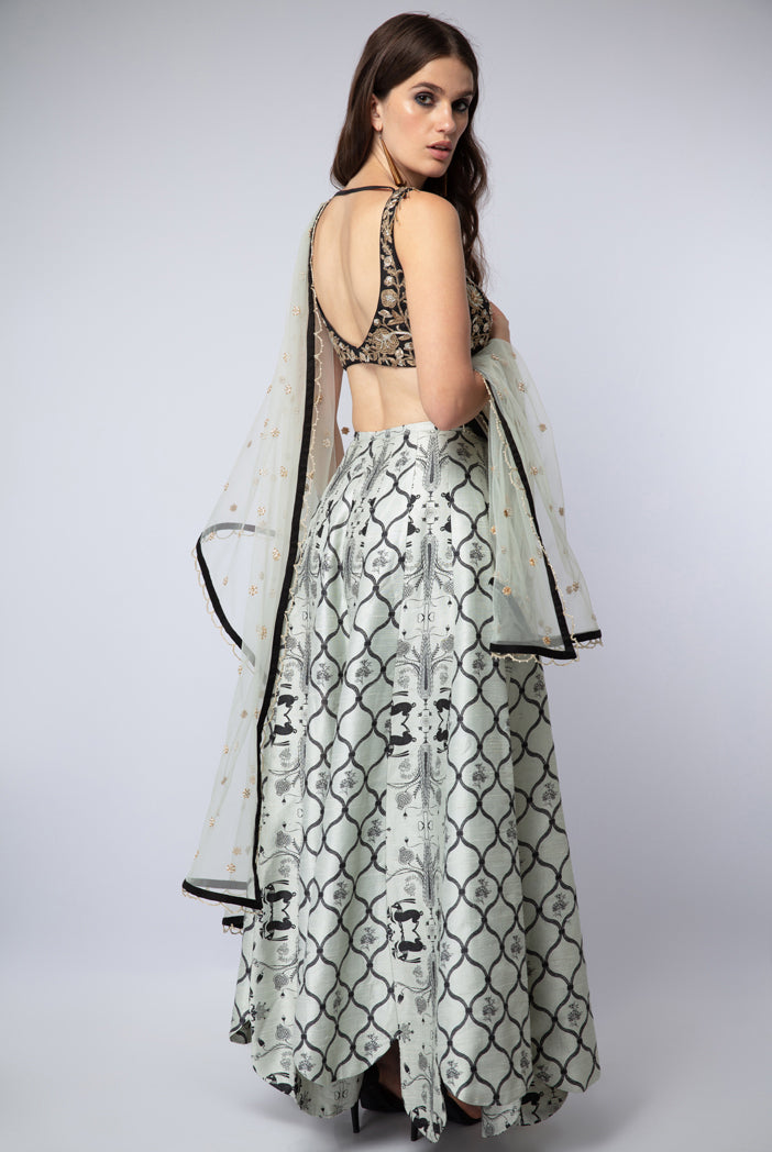 Black Silk Choli with Mint Dupion Silk Printed Hi-Low Lehenga and Net Dupatta