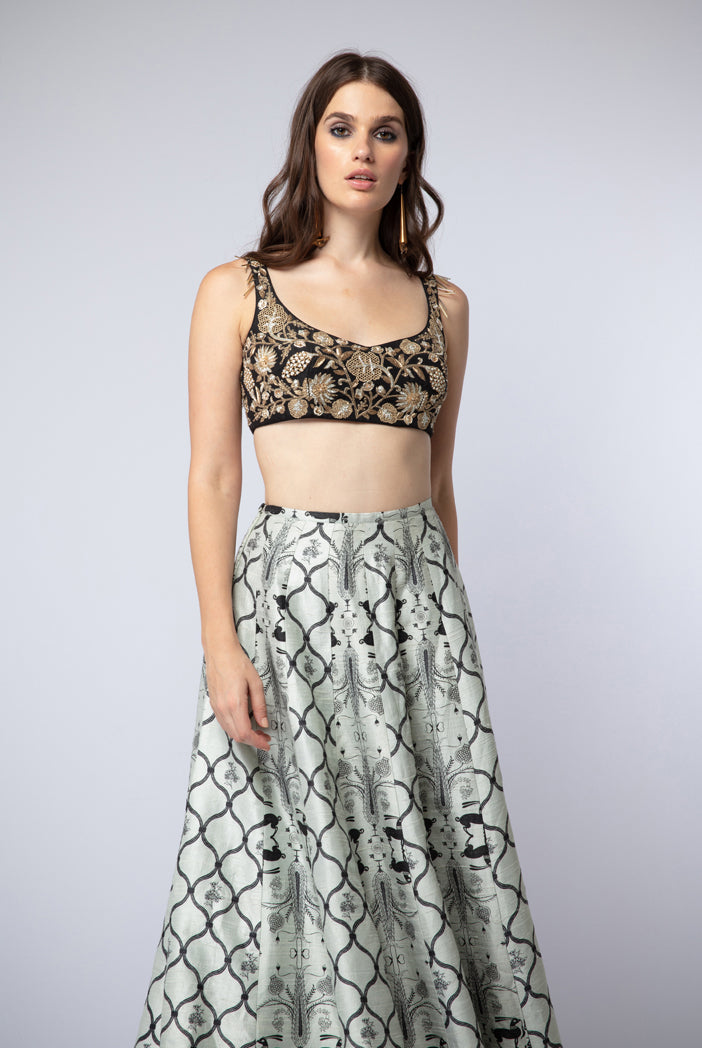 Black Silk Choli with Mint Dupion Silk Printed Hi-Low Lehenga and Net Dupatta