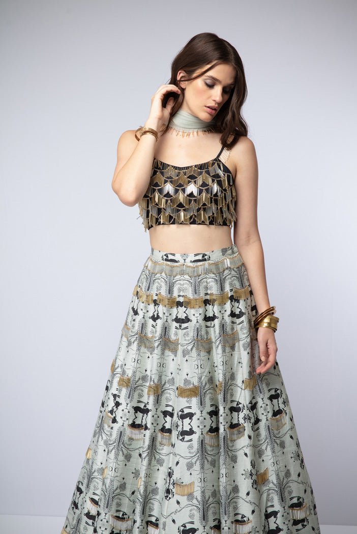 Black Silk Tie-up Choli with Mint Printed Dupion Silk Lehenga and Net Dupatta