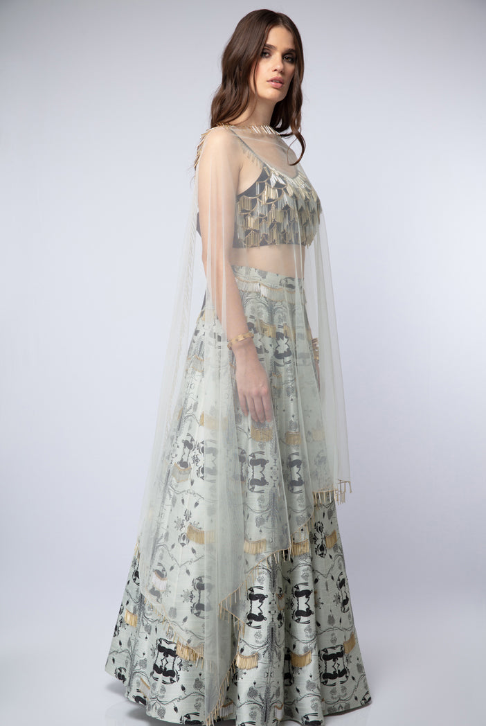 Black Silk Tie-up Choli with Mint Printed Dupion Silk Lehenga and Net Dupatta