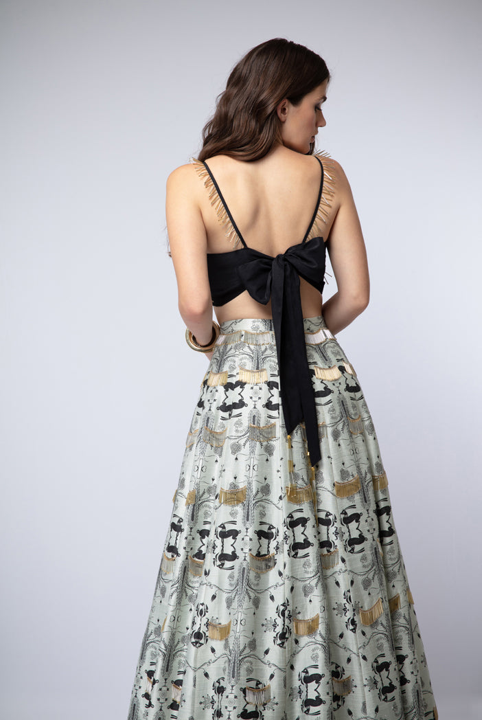 Black Silk Tie-up Choli with Mint Printed Dupion Silk Lehenga and Net Dupatta