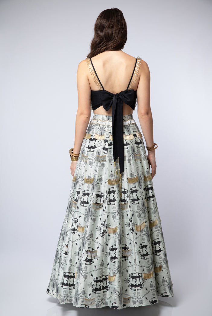Black Silk Tie-up Choli with Mint Printed Dupion Silk Lehenga and Net Dupatta