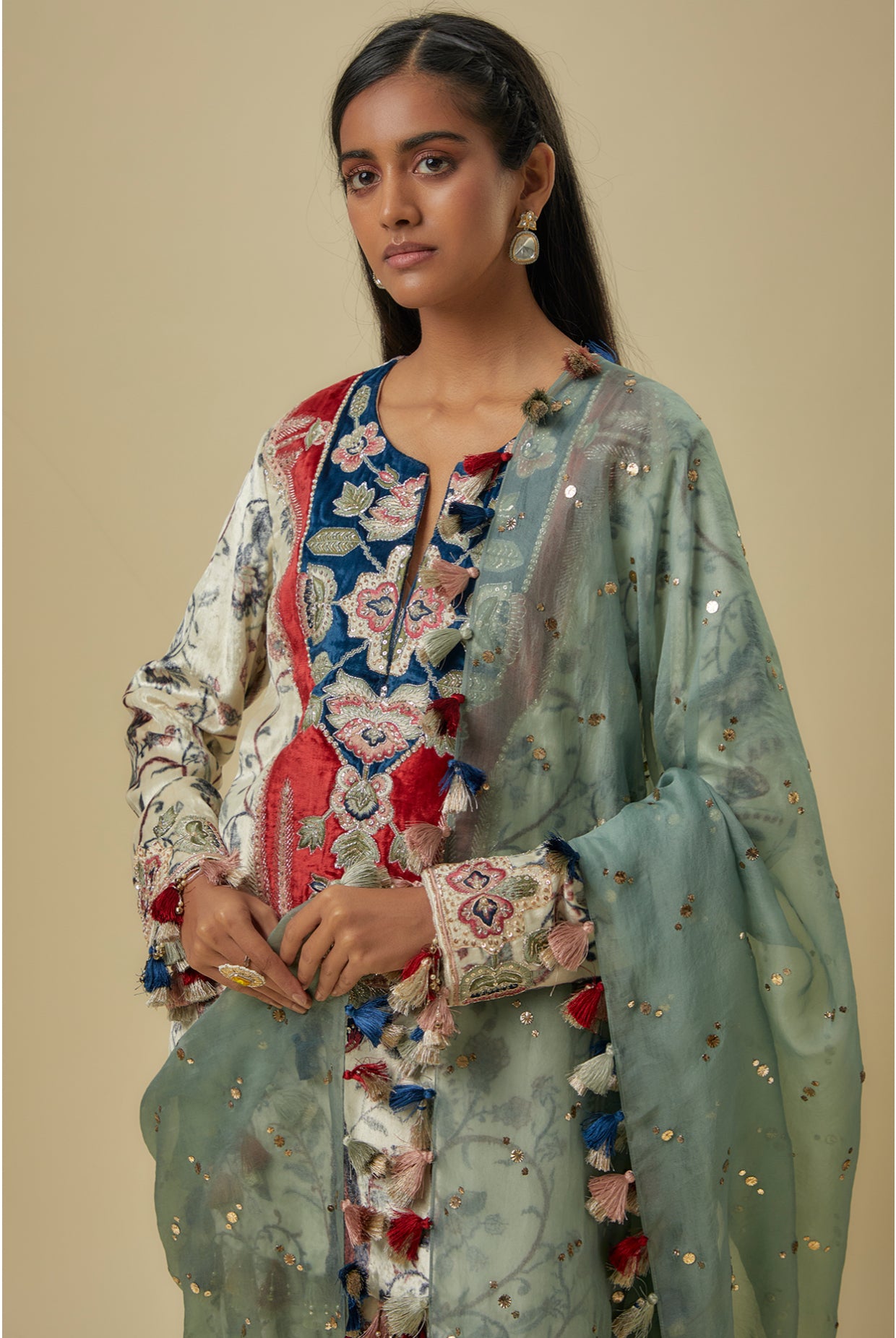 Blue Forest Whisper Print Velvet Embroidered Yoke Kurta With Patiala Salwar And Mint Mukaish Organza Dupatta.