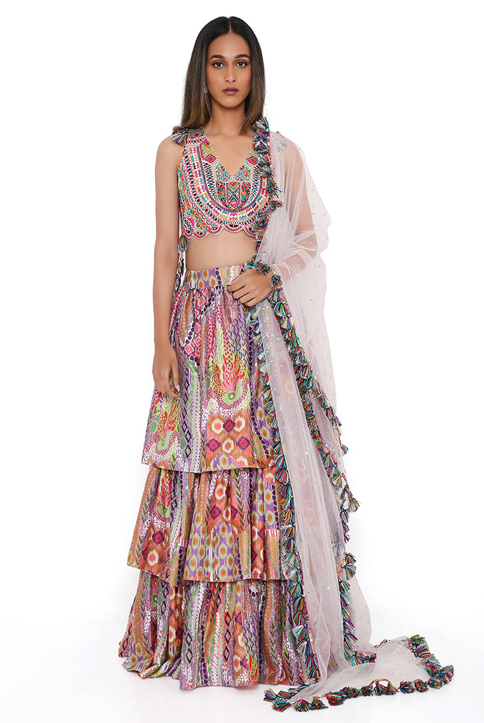 Blush Georgette Embroidered Choli With African Print Dupion Silk Ruffled Skirt And Baby Pink Dupatta