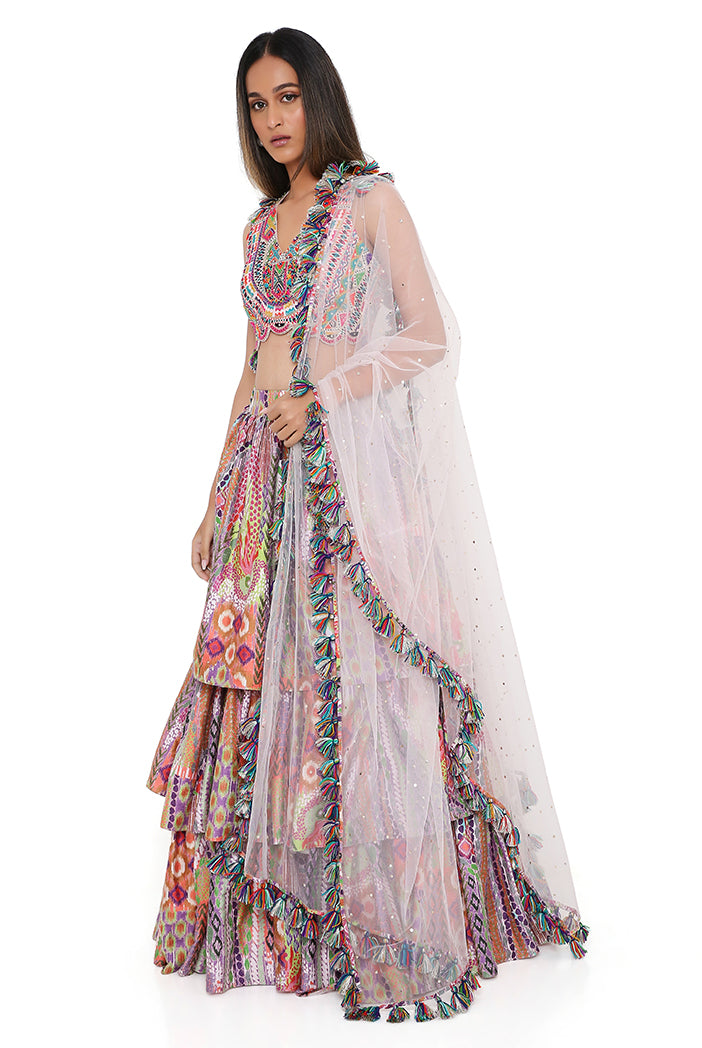 Blush Georgette Embroidered Choli With African Print Dupion Silk Ruffled Skirt And Baby Pink Dupatta